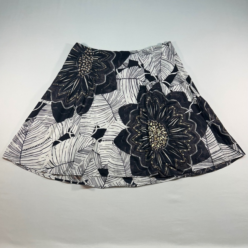 White House Black Market Floral Studded Cotton A-Line Skirt Black White Size 14